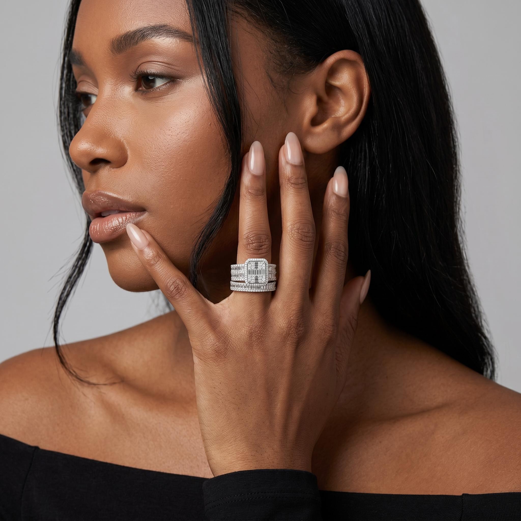 Stackable Two-Piece Baguette&Round Cut Bridal Ring Set