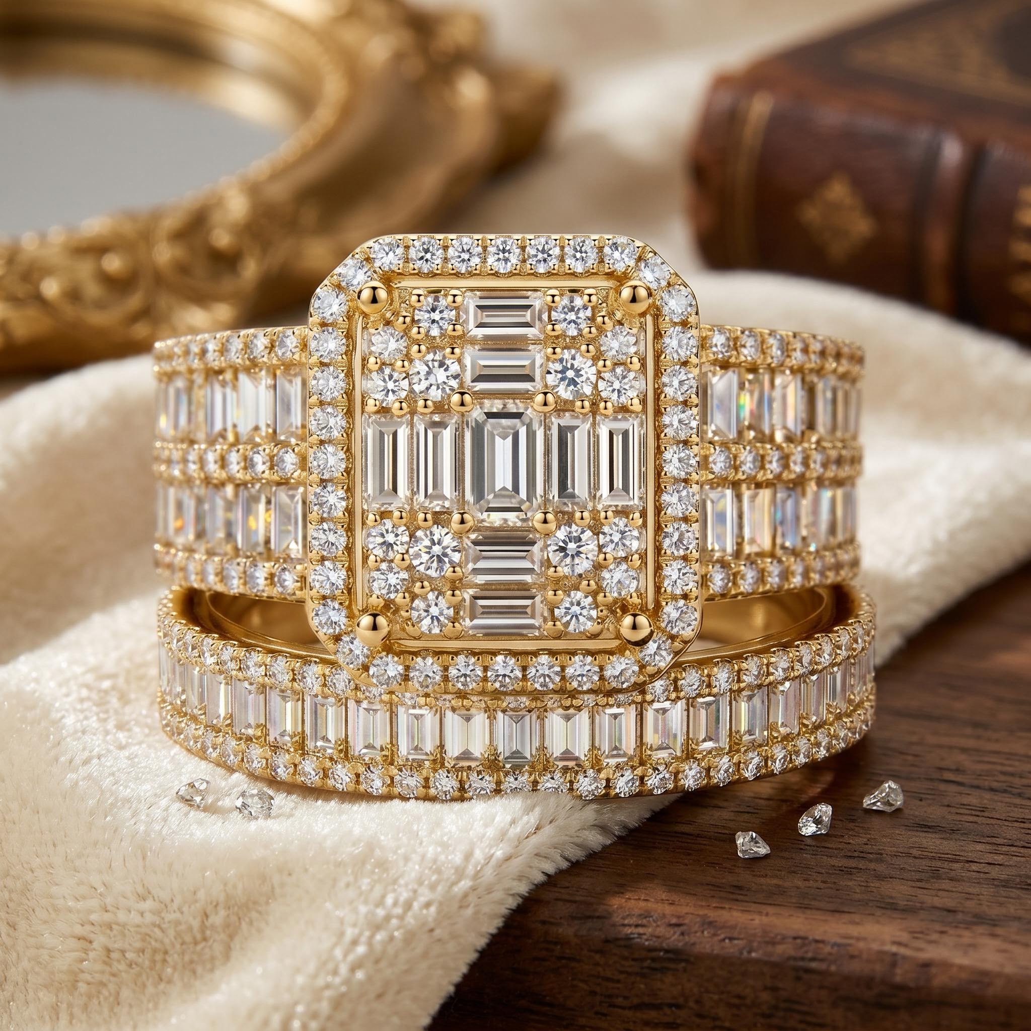 Stackable Two-Piece Baguette&Round Cut Bridal Ring Set