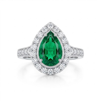 3.6ct CTW Vintage Halo Green Emerald Pear Cut S925 Silver Engagement Ring