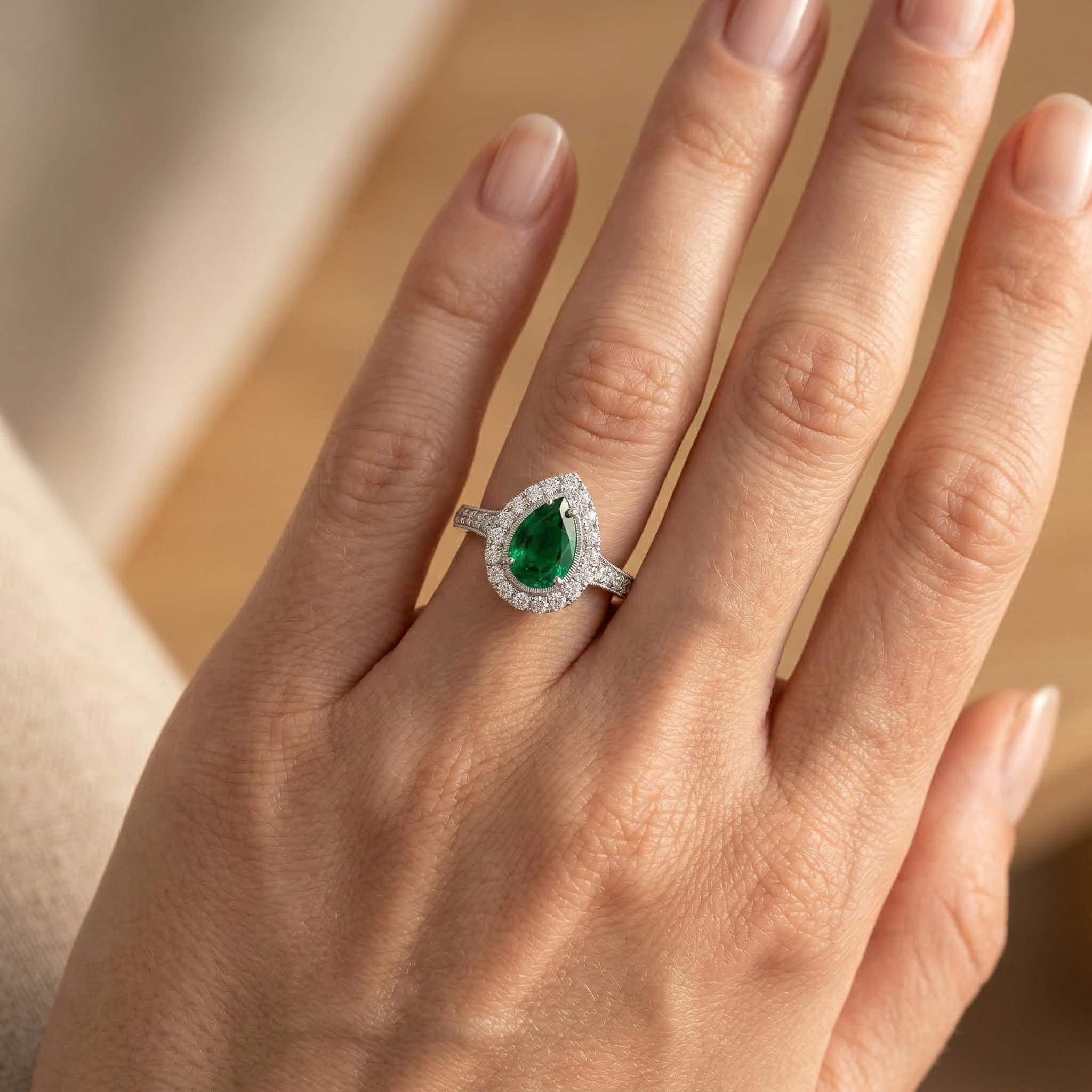 3.6ct CTW Vintage Halo Green Emerald Pear Cut S925 Silver Engagement Ring