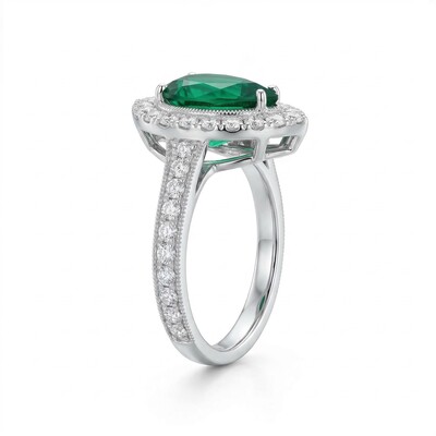 3.6ct CTW Vintage Halo Green Emerald Pear Cut S925 Silver Engagement Ring