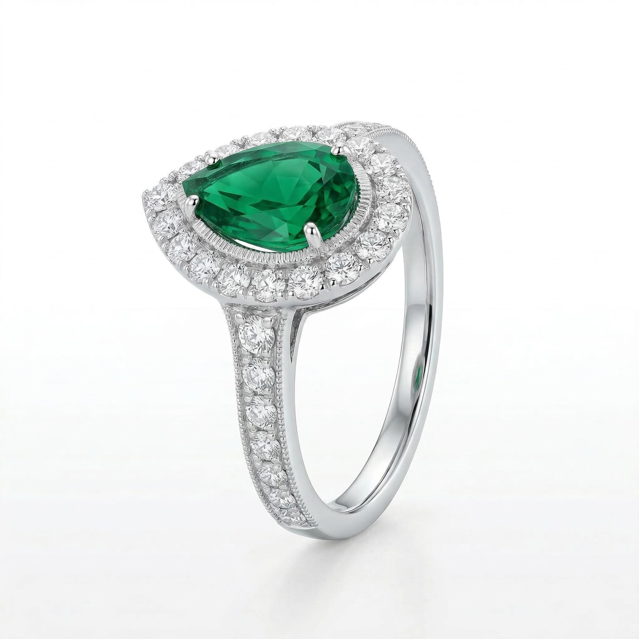 3.6ct CTW Vintage Halo Green Emerald Pear Cut S925 Silver Engagement Ring