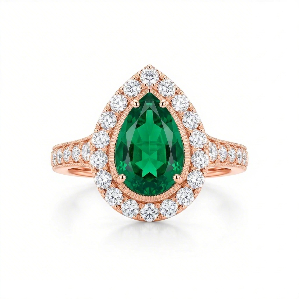 3.6ct CTW Vintage Halo Green Emerald Pear Cut S925 Silver Engagement Ring