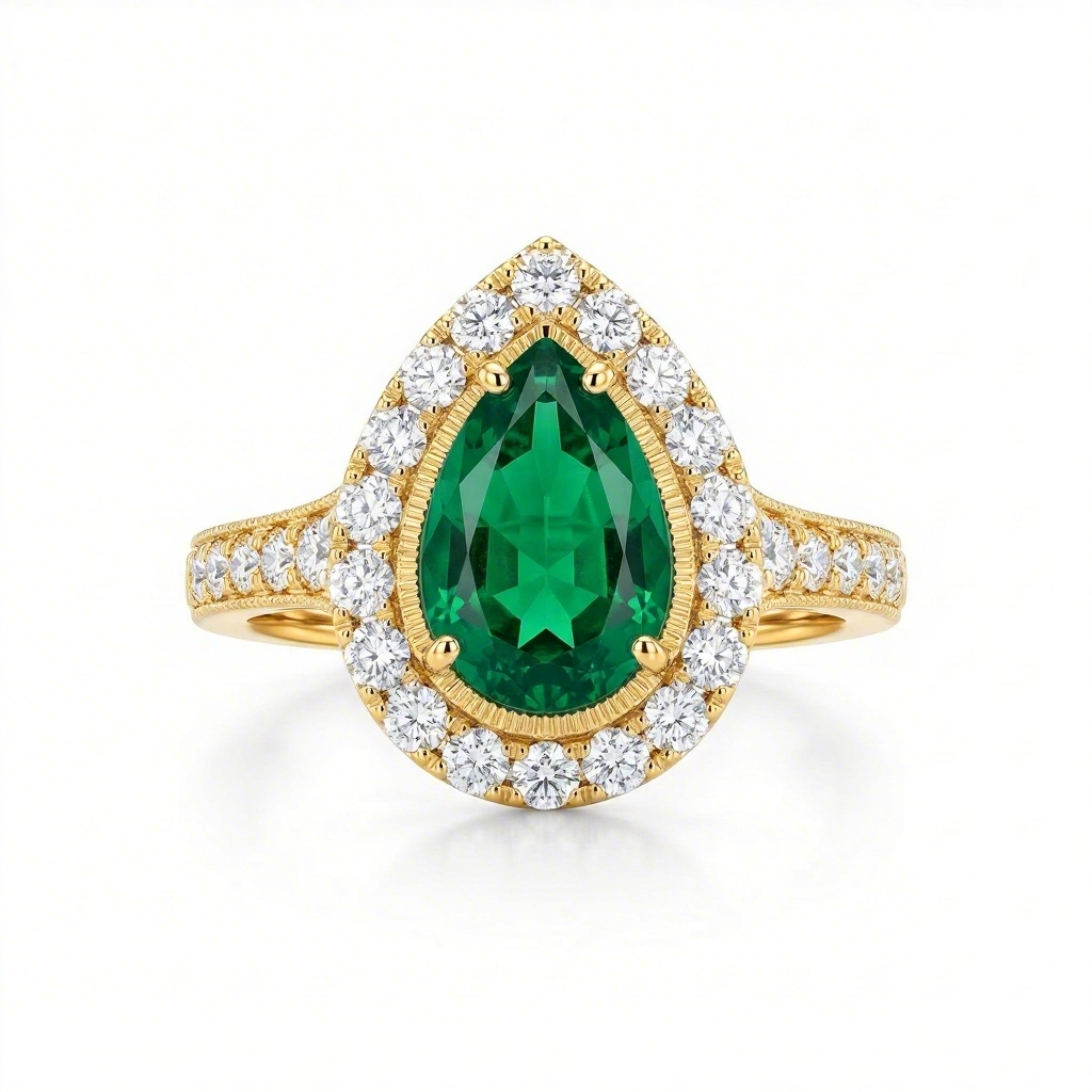 3.6ct CTW Vintage Halo Green Emerald Pear Cut S925 Silver Engagement Ring
