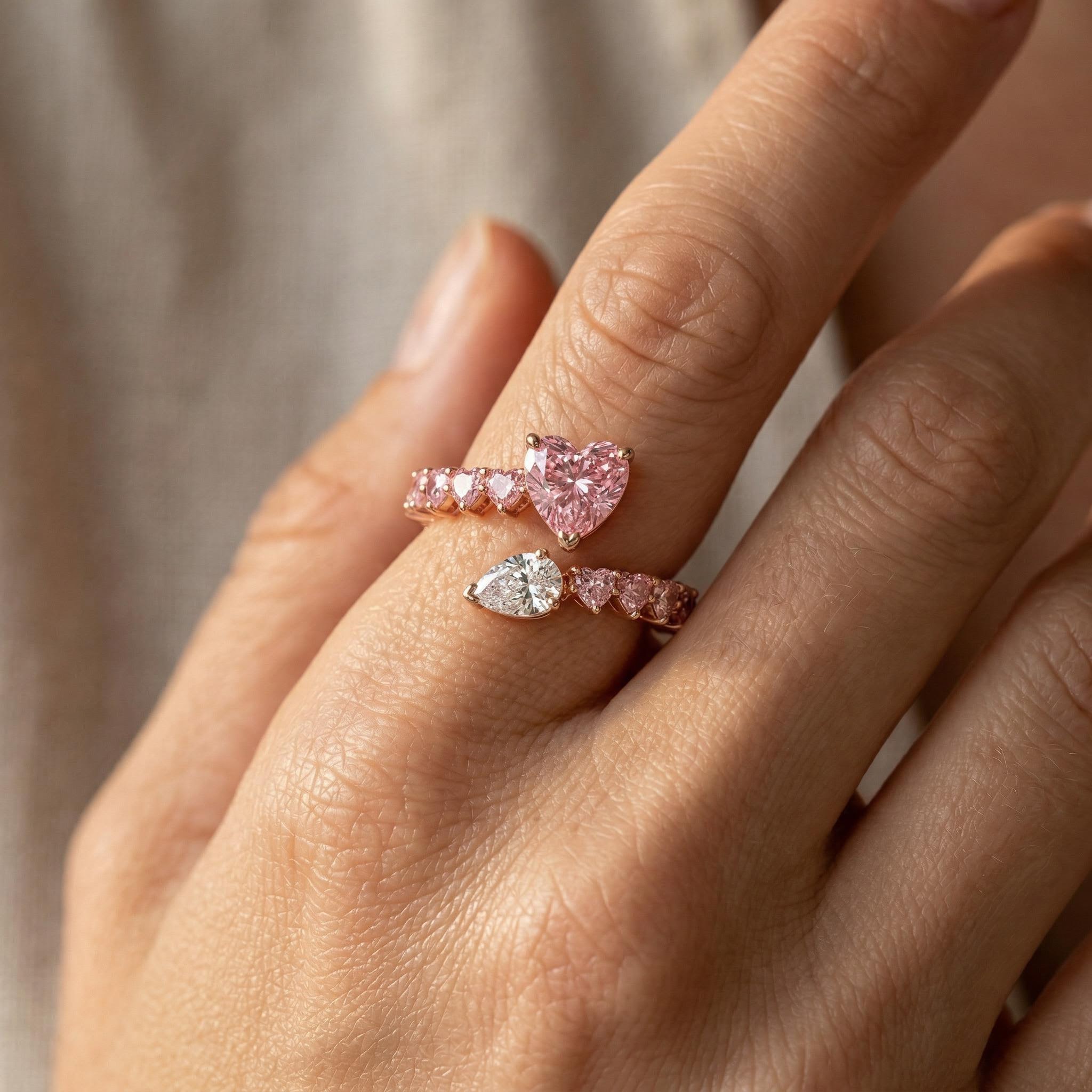 7.6 ct.tw Pink Heart & White Pear Cut S925 Silver Engagement Ring