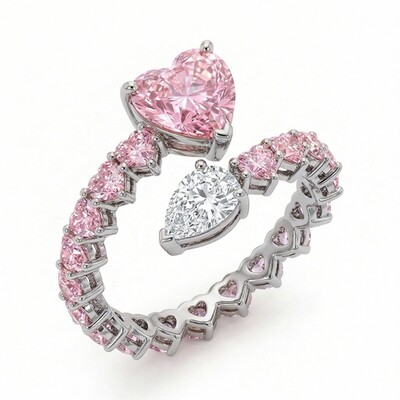 7.6 ct.tw Pink Heart & White Pear Cut S925 Silver Engagement Ring