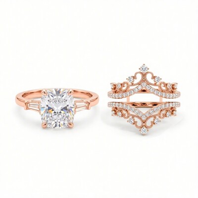 4.5 ct.tw. Crown Design Cushion Cut S925 Silver Engagement Ring Set - 2Pcs
