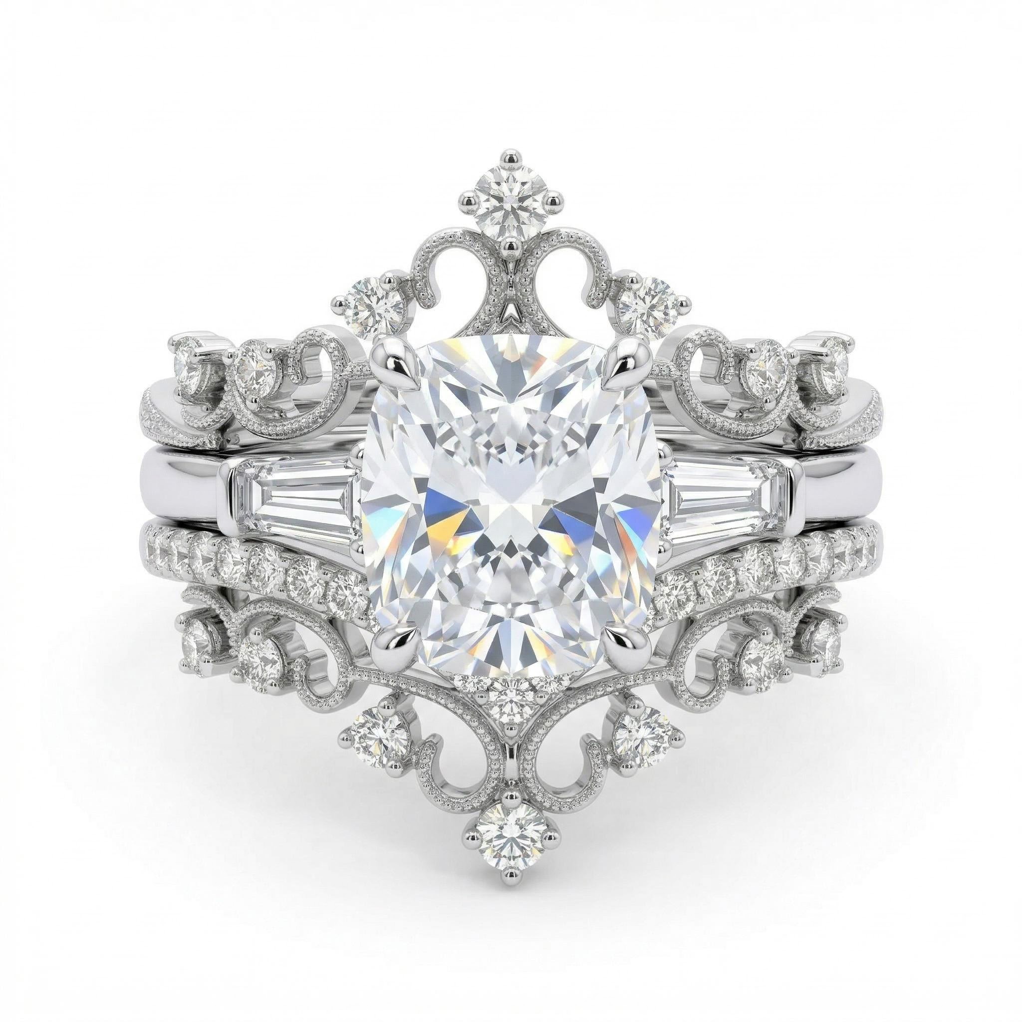 4.5 ct.tw Crown Design Cushion Cut S925 Silver Engagement Ring Set