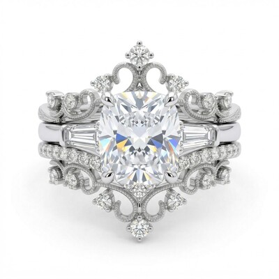 4.5 ct.tw Crown Design Cushion Cut S925 Silver Engagement Ring Set