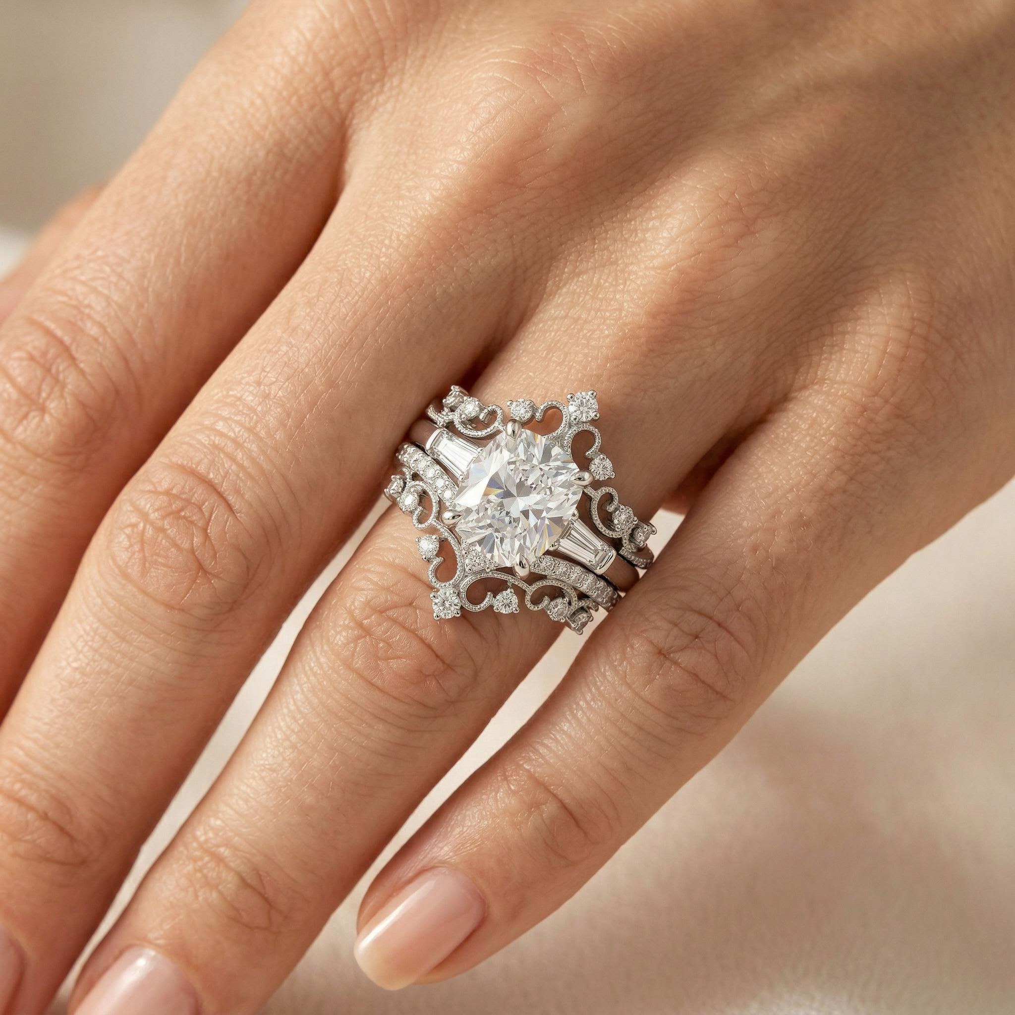 4.5 ct.tw Crown Design Cushion Cut S925 Silver Engagement Ring Set