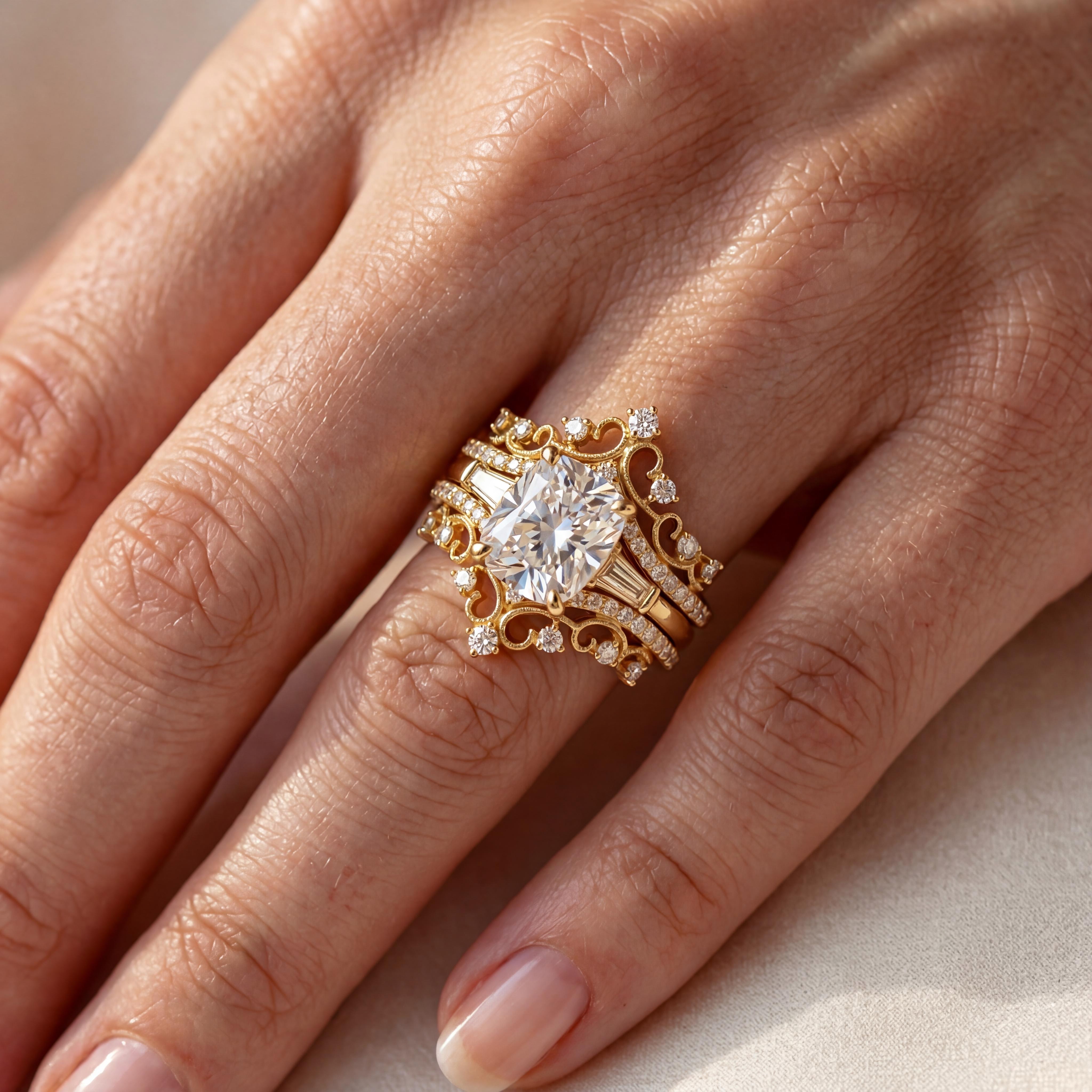 4.5 ct.tw Crown Design Cushion Cut S925 Silver Engagement Ring Set