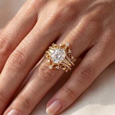 4.5 ct.tw. Crown Design Cushion Cut S925 Silver Engagement Ring Set