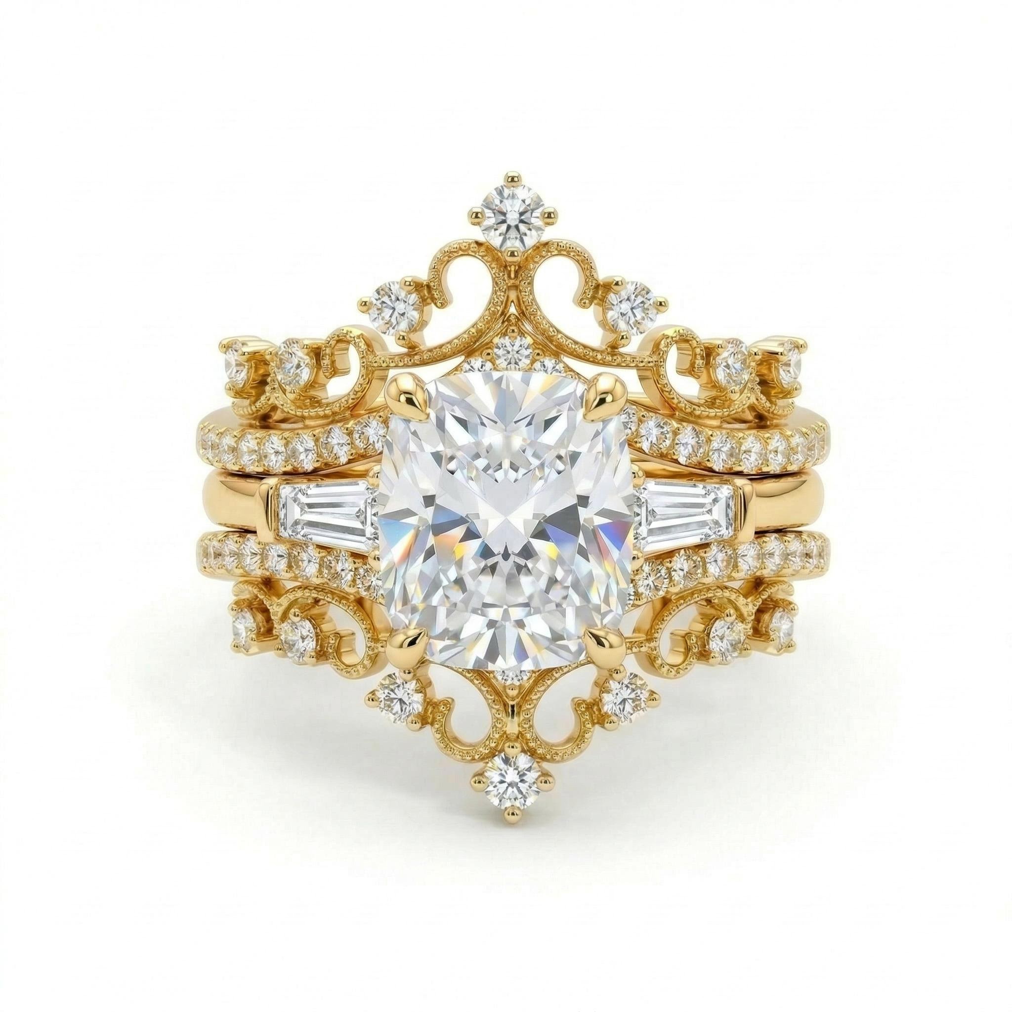 4.5 ct.tw Crown Design Cushion Cut S925 Silver Engagement Ring Set