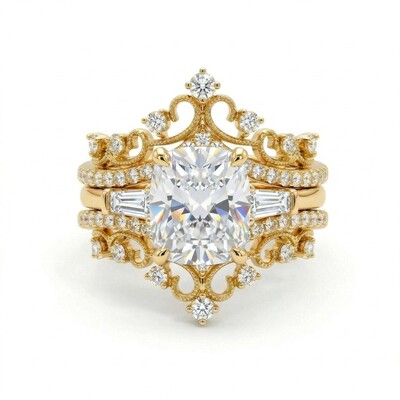 4.5 ct.tw Crown Design Cushion Cut S925 Silver Engagement Ring Set