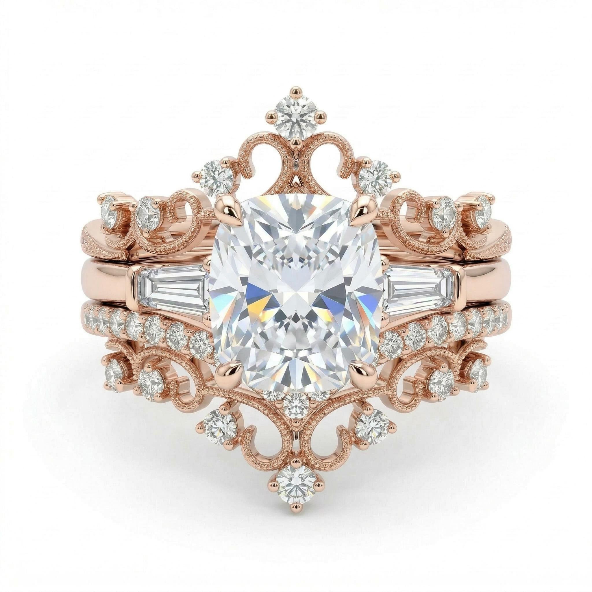 4.5 ct.tw Crown Design Cushion Cut S925 Silver Engagement Ring Set