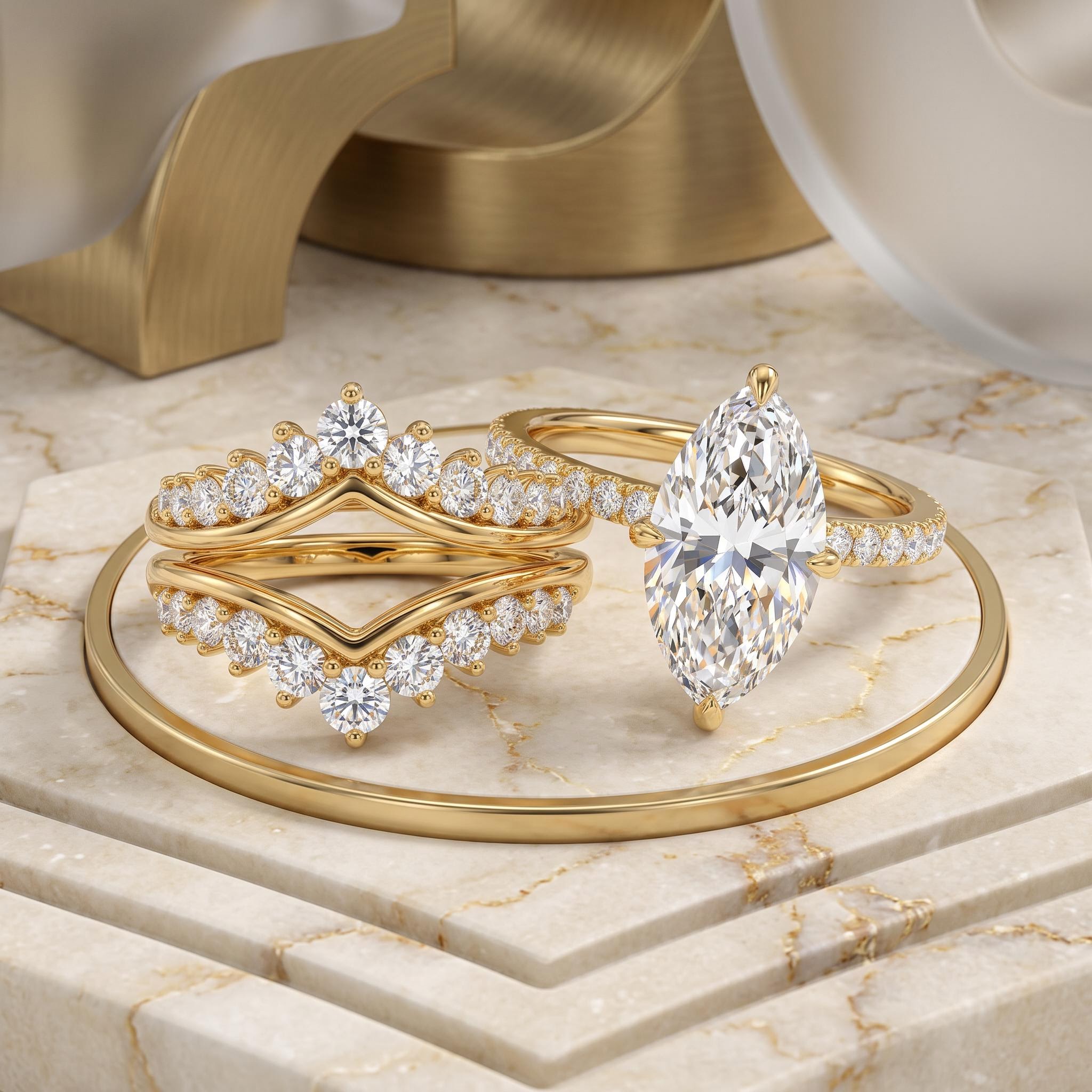 3.31 ct.tw. Marquise Cut Engagement Ring with Crown Enhancer Band Bridal Ring Set