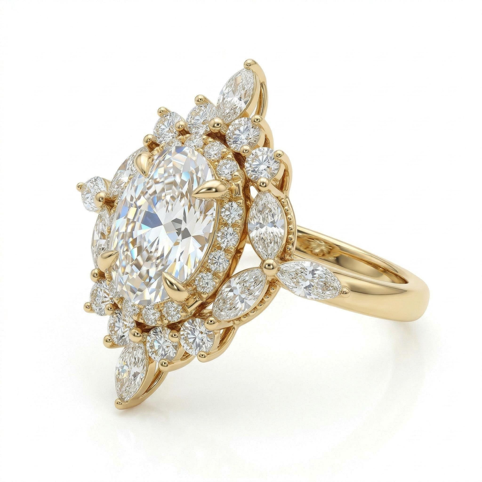 3.5 ct.tw Oval Cut Halo Marquise Cut Cluster S925 Silver Engagement Ring 3.5 ct.tw Oval Cut Halo Marquise Cut Cluster S925 Silver Engagement Ring