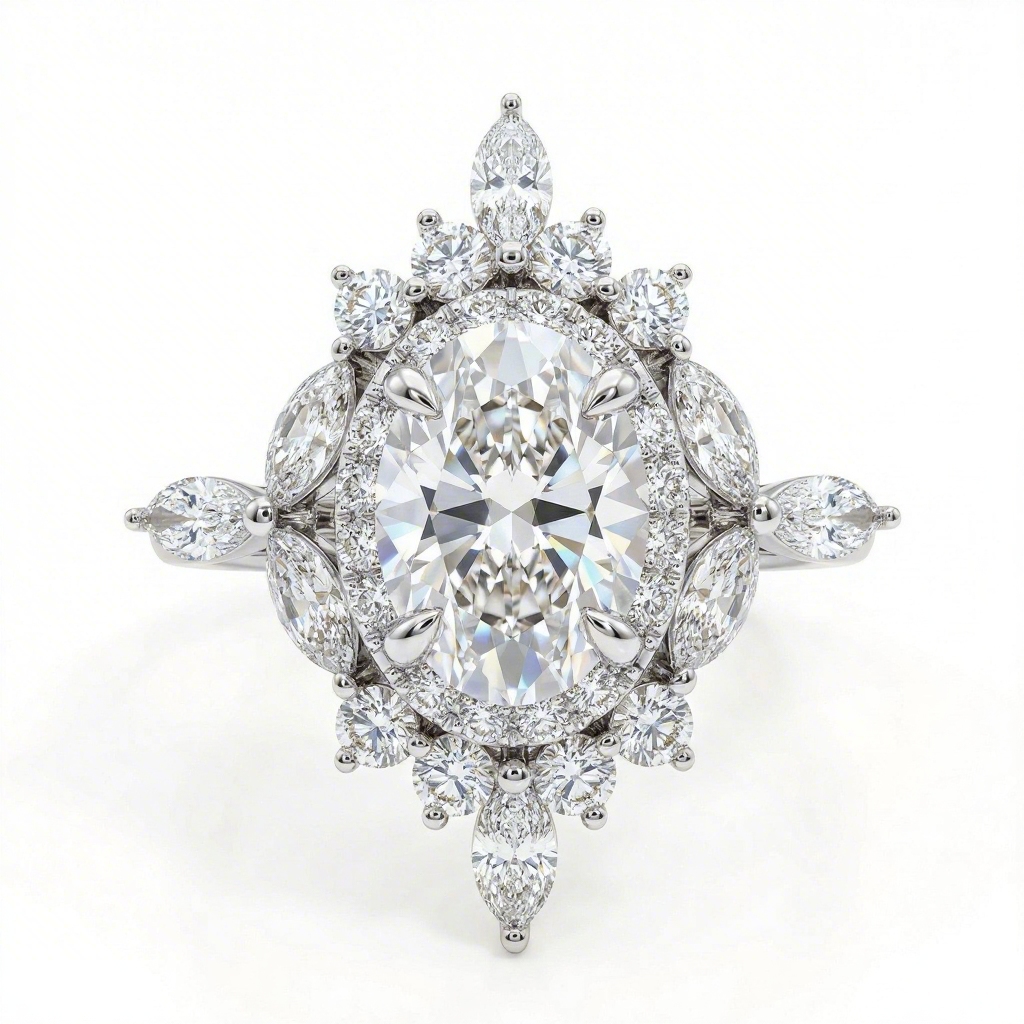 3.5 ct.tw Oval Cut Halo Marquise Cut Cluster S925 Silver Engagement Ring 3.5 ct.tw Oval Cut Halo Marquise Cut Cluster S925 Silver Engagement Ring