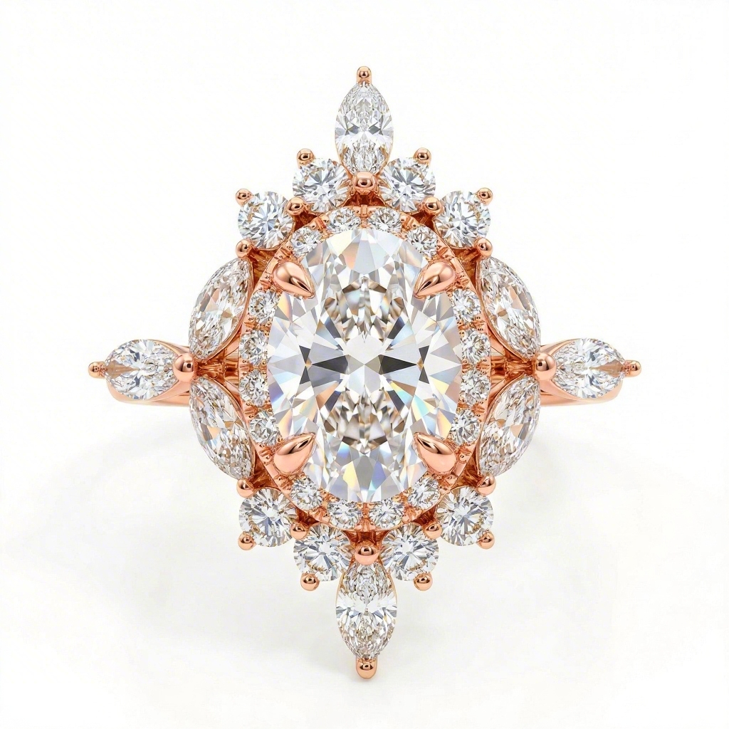 3.5 ct.tw Oval Cut Halo Marquise Cut Cluster S925 Silver Engagement Ring 3.5 ct.tw Oval Cut Halo Marquise Cut Cluster S925 Silver Engagement Ring