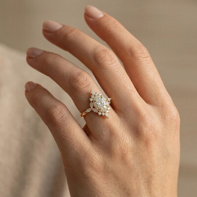 3.5 ct.tw Oval Cut Halo Marquise Cut Cluster S925 Silver Engagement Ring