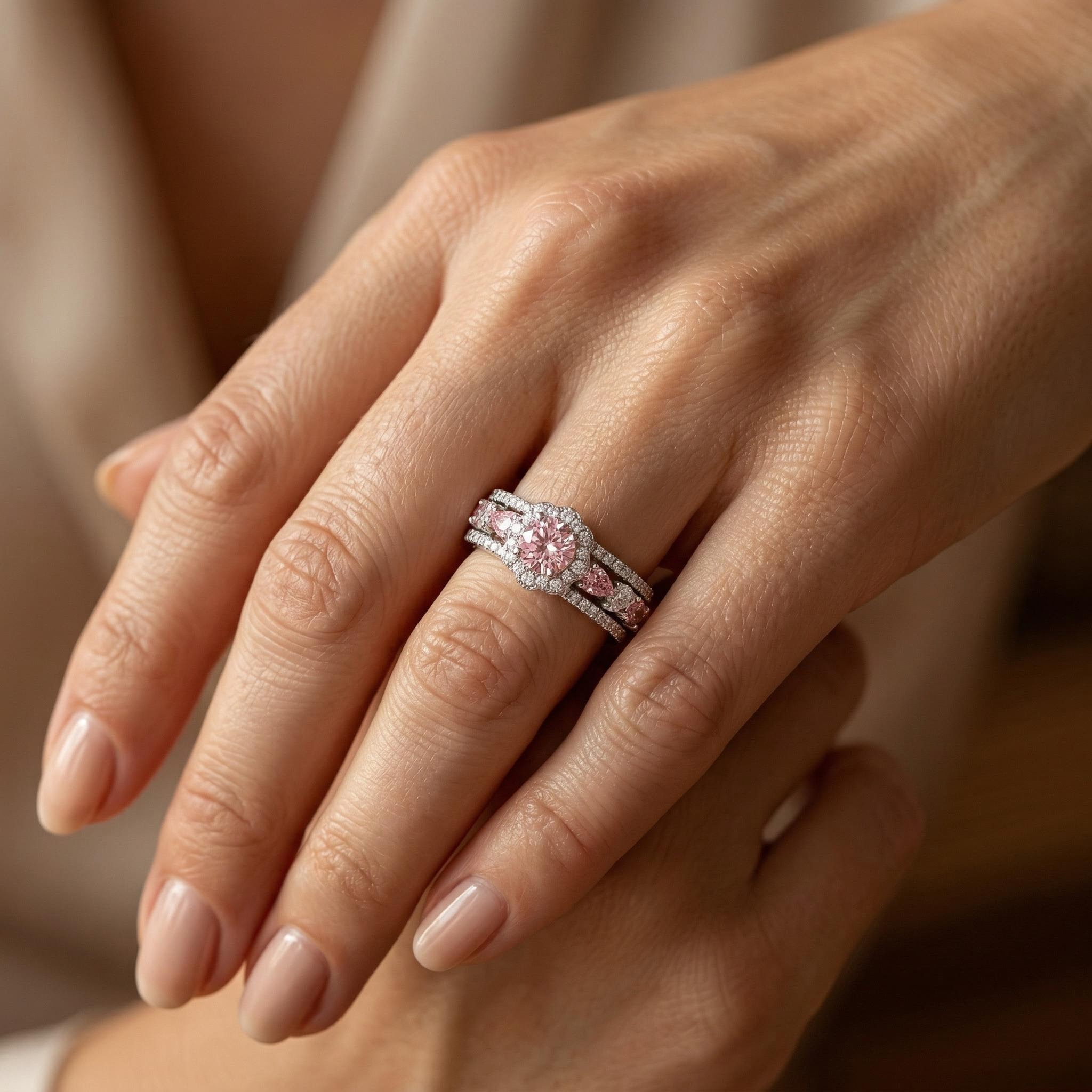 6.5 ct.tw Floral Pink&White Round Cut+Pear Cut S925 Silver Wedding Ring Set