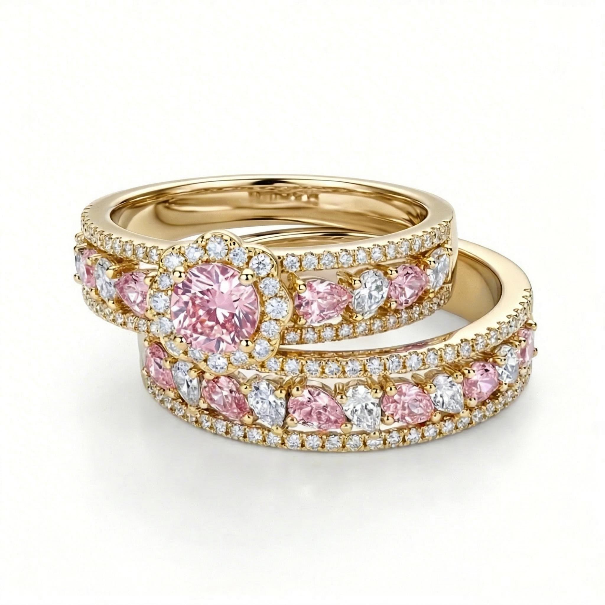 6.5 ct.tw Floral Pink&White Round Cut+Pear Cut S925 Silver Wedding Ring Set