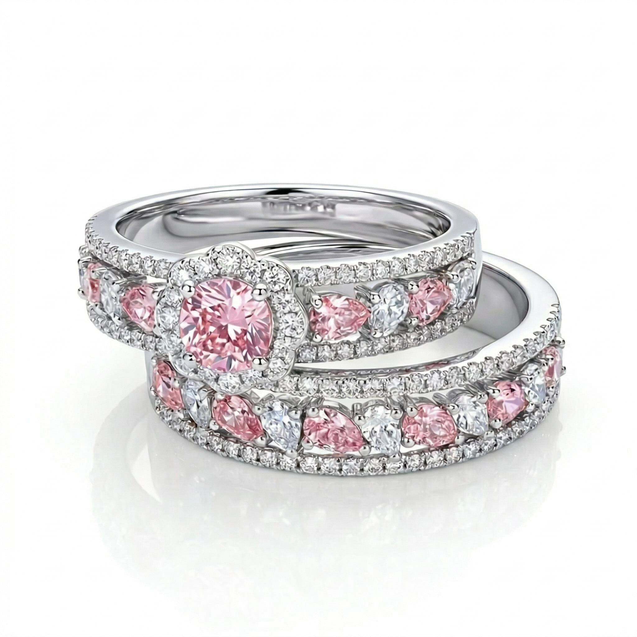 6.5 ct.tw Floral Pink&White Round Cut+Pear Cut S925 Silver Wedding Ring Set