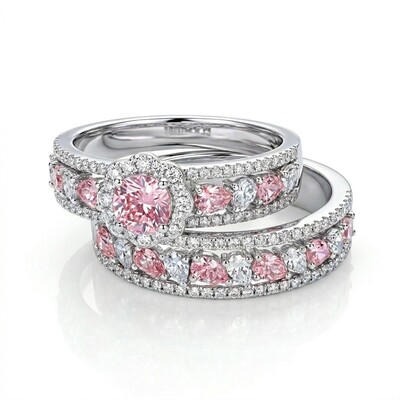 6.5 ct.tw Floral Pink&White Round Cut+Pear Cut S925 Silver Wedding Ring Set
