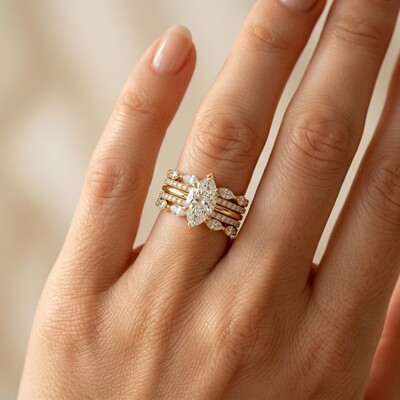 7.28 ct.tw. Dazzling 2Pcs Marquise Cut S925 Silver Bridal Ring Set