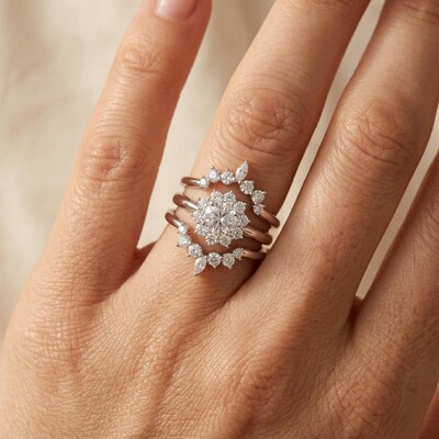 3.5 ct.tw. Cluster Flower Round Cut S925 Silver 3 Piece Bridal Ring Set