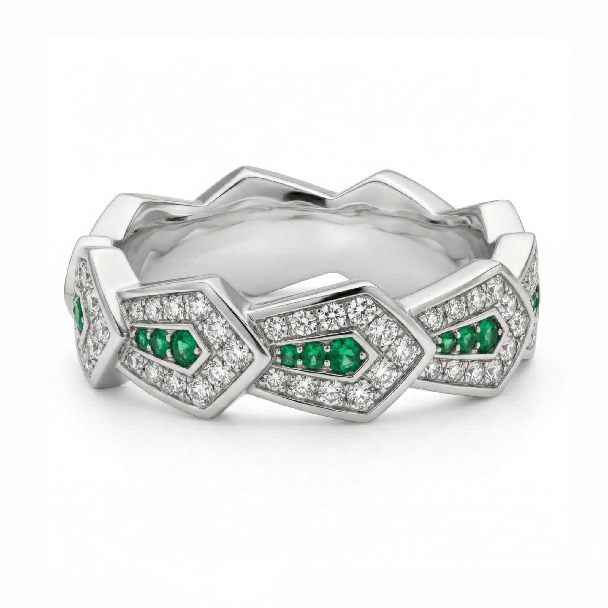 1.5 ct.tw Geometric Zigzag Green & White Round Cut S925 Silver Women's Band