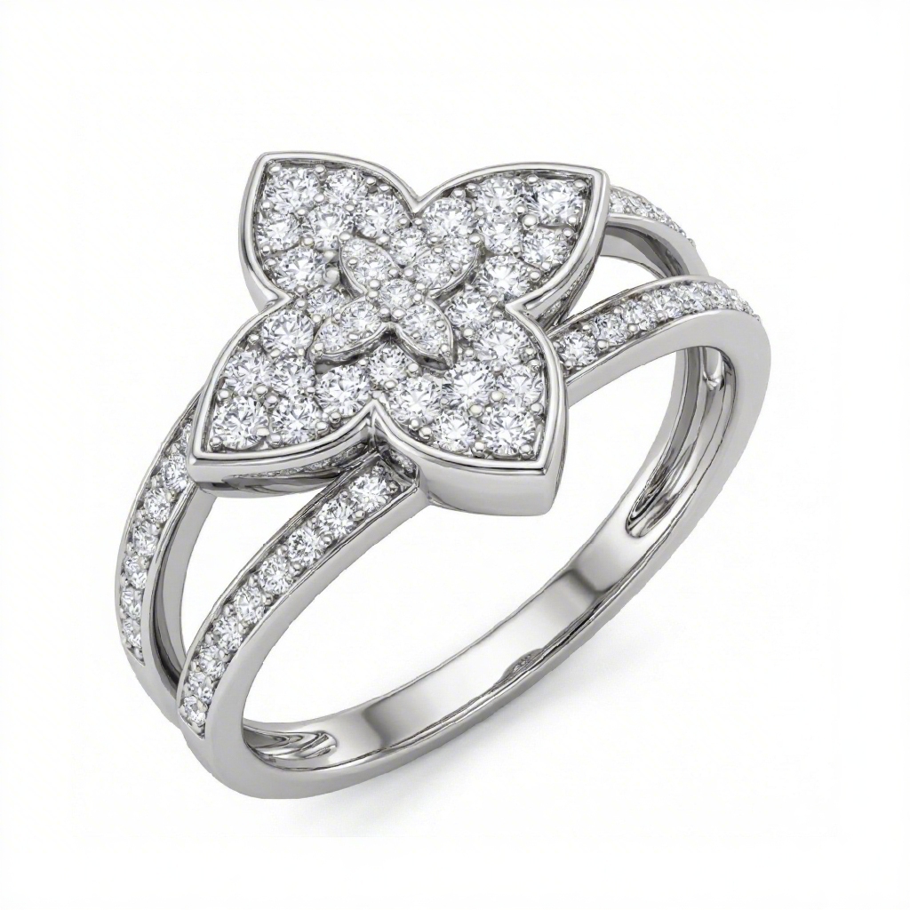 1.5 ct.tw Clover Diamond Paved Round Cut S925 Silver Engagement Ring