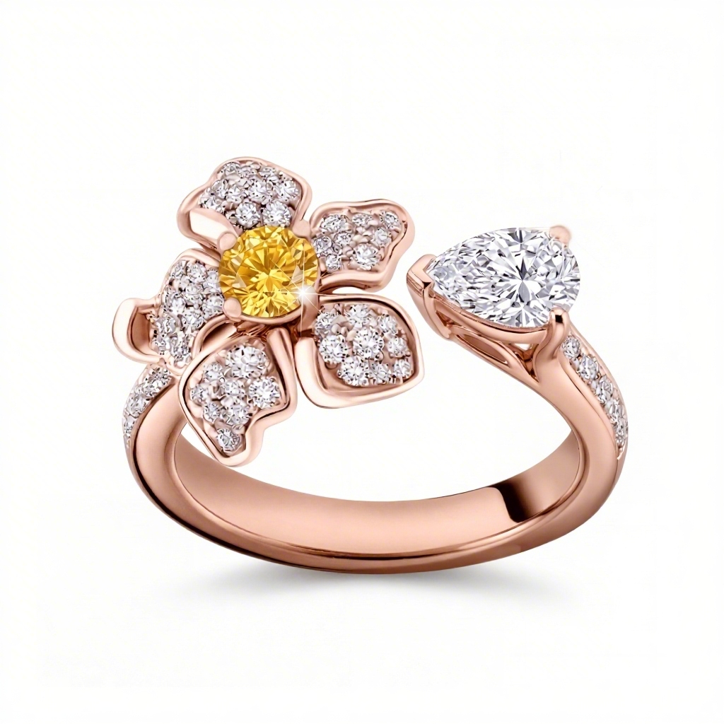 2.5 ct.tw Floral Sparkling Yellow Round & Pear Cut S925 Silver Ring