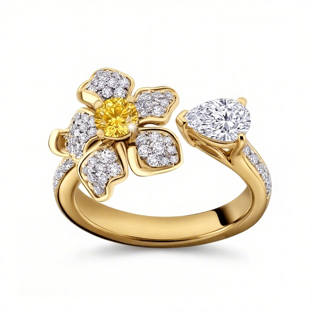 2.5 ct.tw Floral Sparkling Yellow Round & Pear Cut S925 Silver Ring