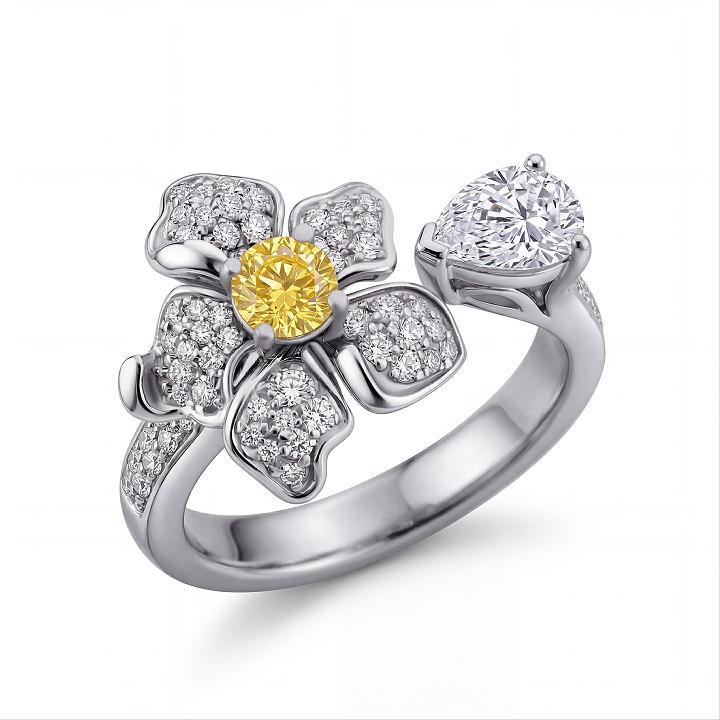1.09 ct.tw. Floral Sparkling Yellow Round & Pear Cut S925 Silver Ring