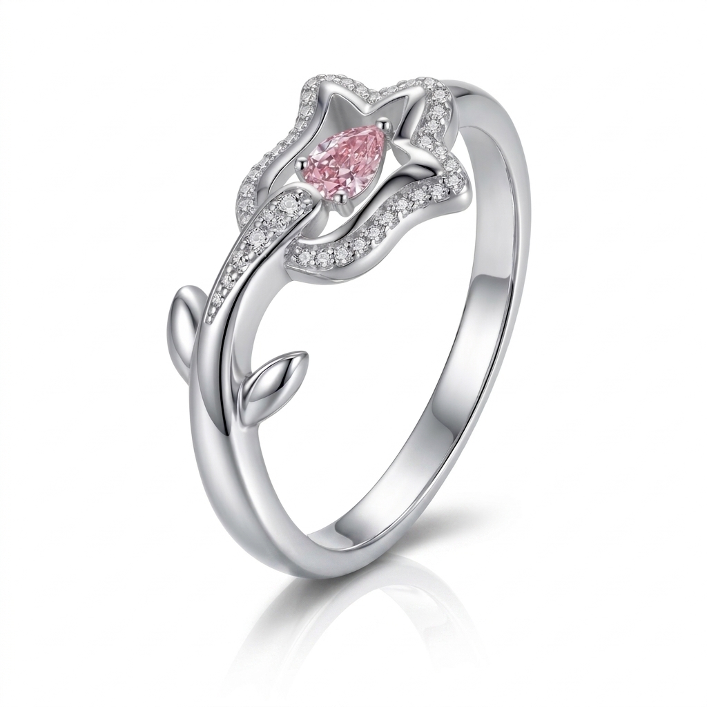 0.29 ct.tw. Floral Shape Pink Pear Cut S925 Silver Engagement Ring