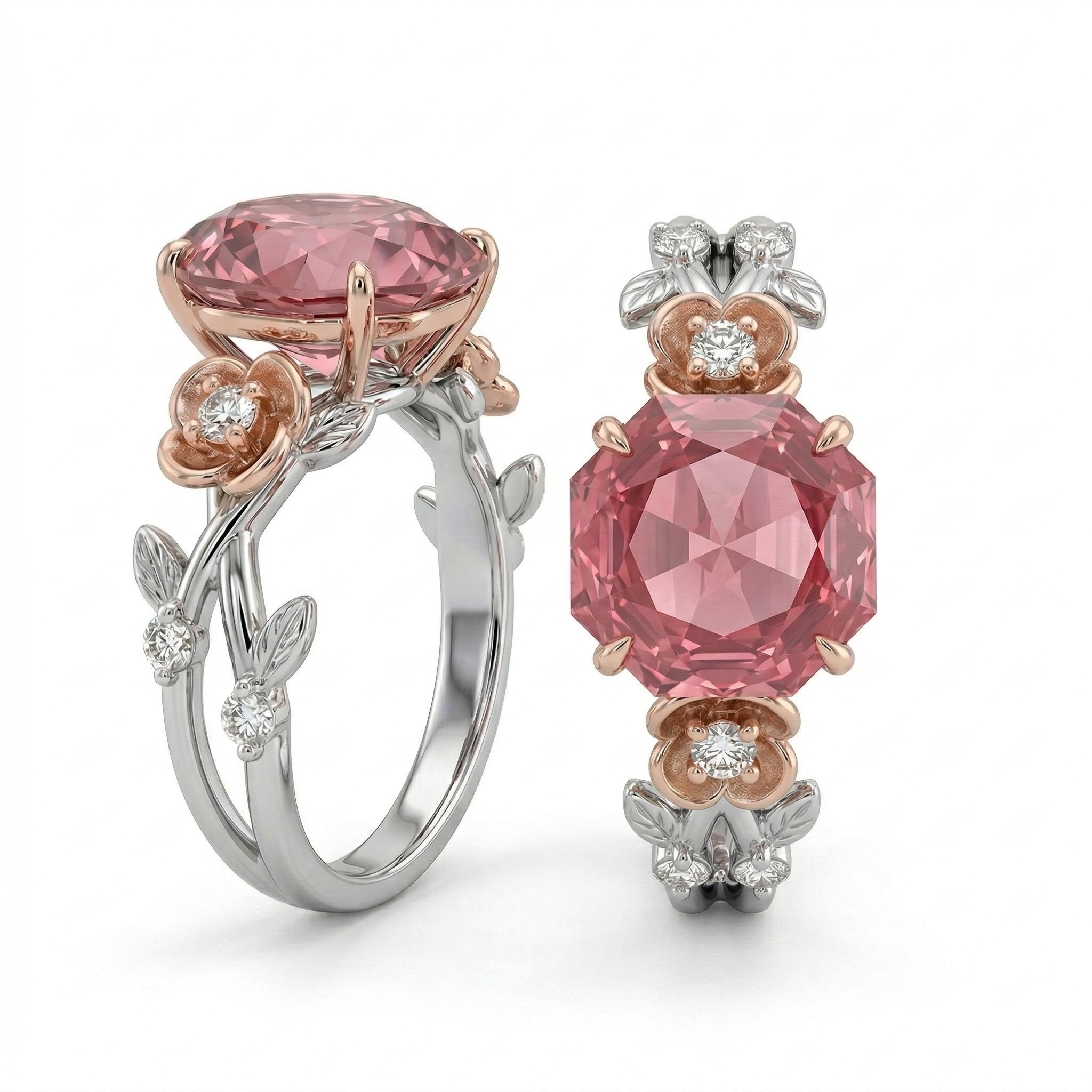 1.5 ct.tw Floral Accent Ruby Rose Cut Two-tone S925 Silver Engagement Ring