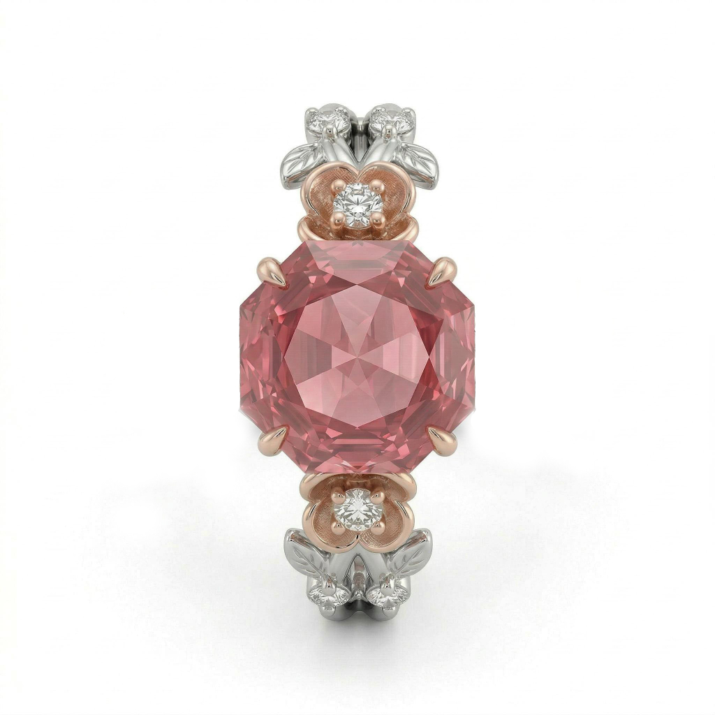 1.5 ct.tw Floral Accent Ruby Rose Cut Two-tone S925 Silver Engagement Ring