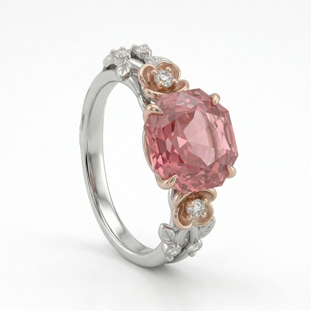 1.5 ct.tw Floral Accent Ruby Rose Cut Two-tone S925 Silver Engagement Ring