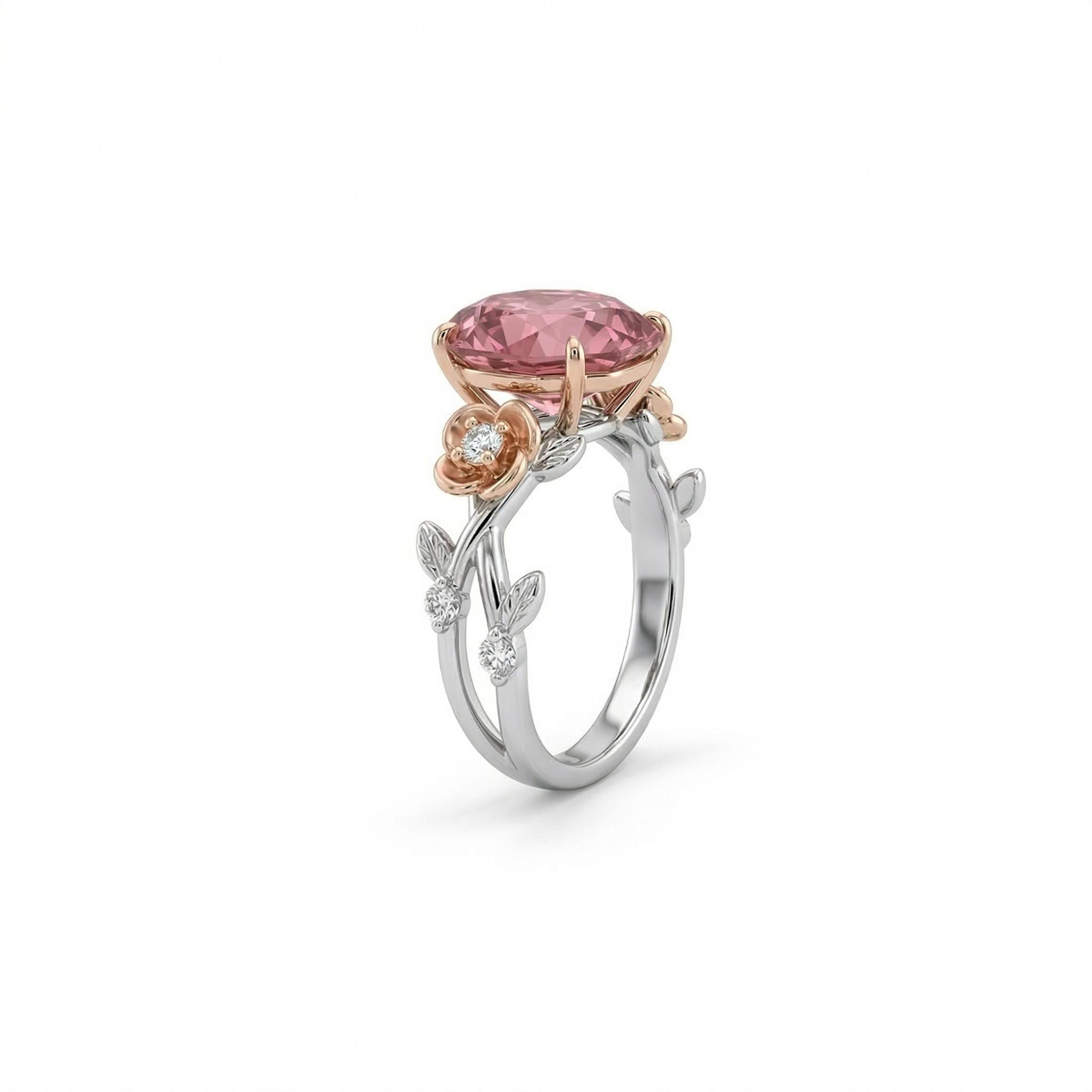1.5 ct.tw. Floral Accent Ruby Rose Cut Two-tone S925 Silver Engagement Ring