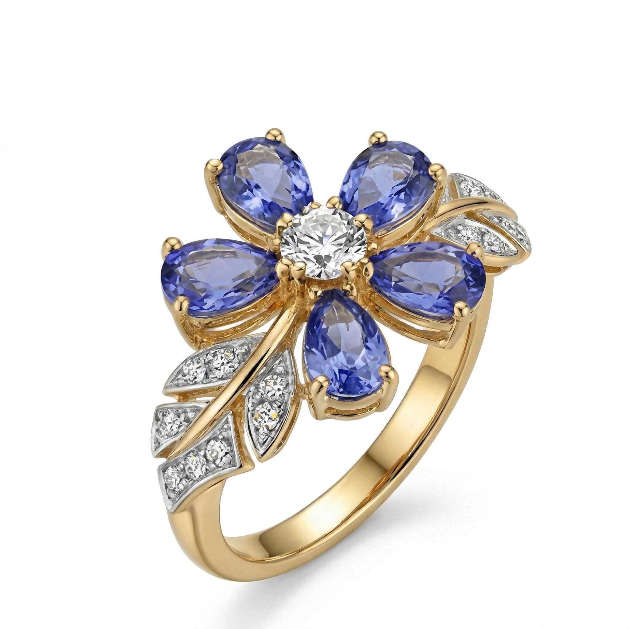 3.6 ct.tw Nature-inspired Floral Blue Pear Cut S925 Silver Ring