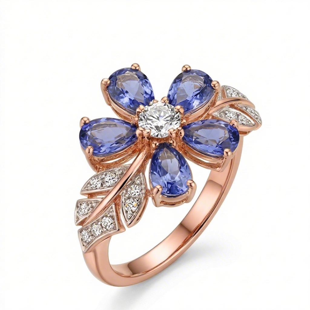 3.6 ct.tw Nature-inspired Floral Blue Pear Cut S925 Silver Ring