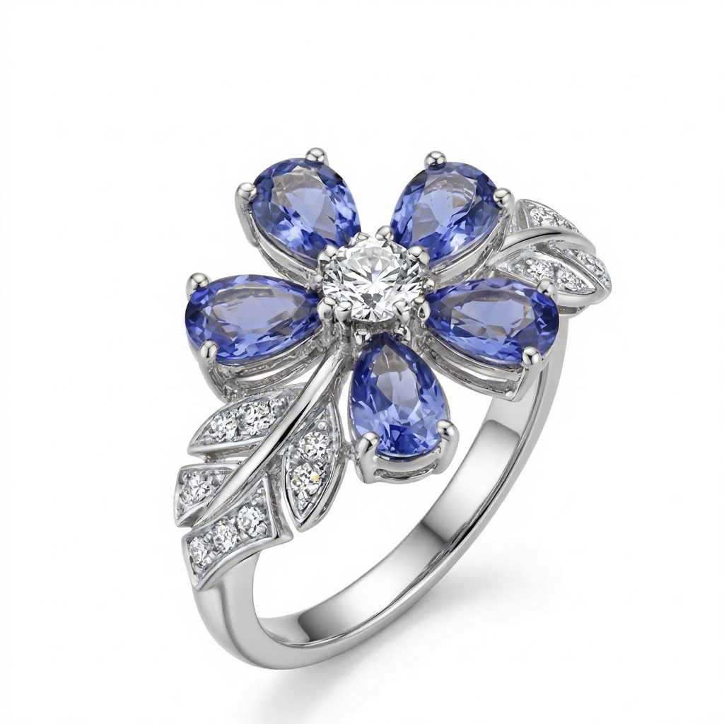 3.6 ct.tw Nature-inspired Floral Blue Pear Cut S925 Silver Ring