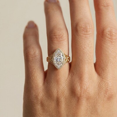 3.3 ct.tw. Vintage Filigree Marquise Cut S925 Silver Halo Engagement Ring