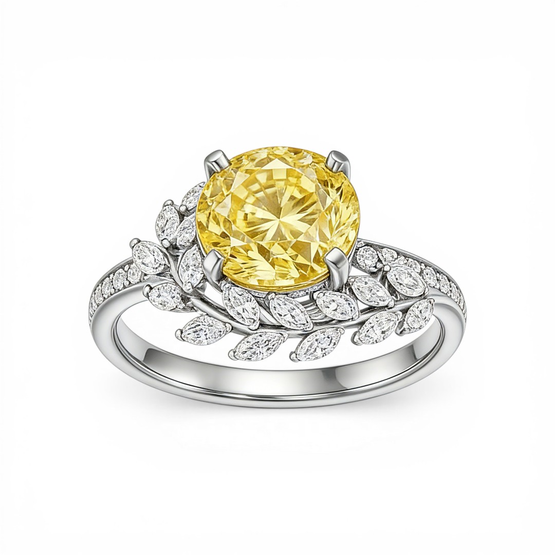 4.66 ct.tw. Vine-inspired Yellow Round Cut S925 Silver Engagement Ring