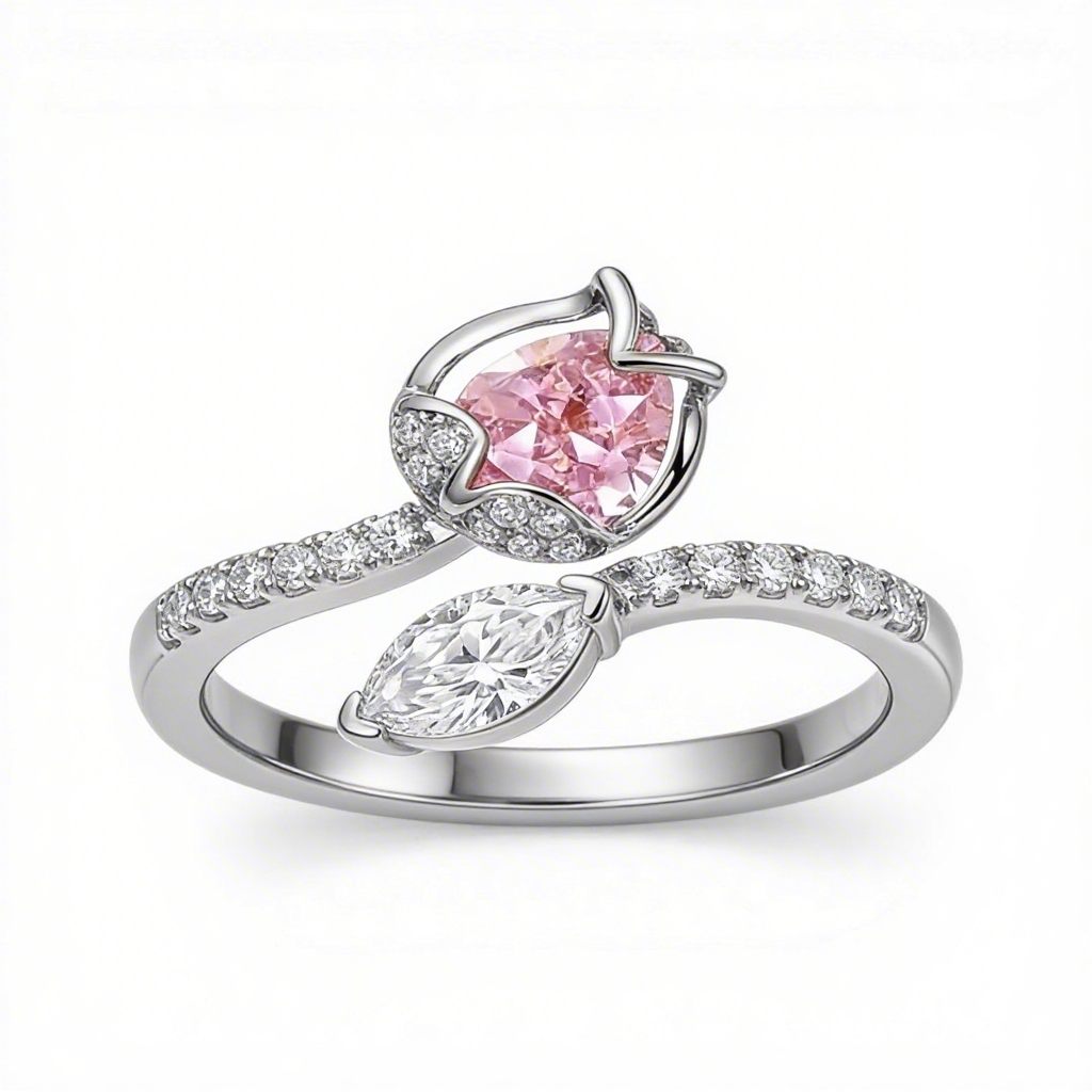 1.9 ct.tw Flower Shape Pink Pear Cut + White Marquise Cut S925 Silver Fashion Ring
