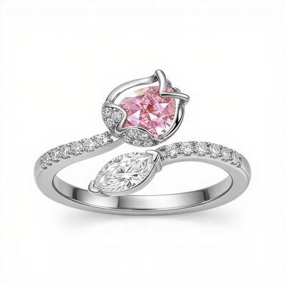 1.9 ct.tw Flower Shape Pink Pear Cut + White Marquise Cut S925 Silver Fashion Ring