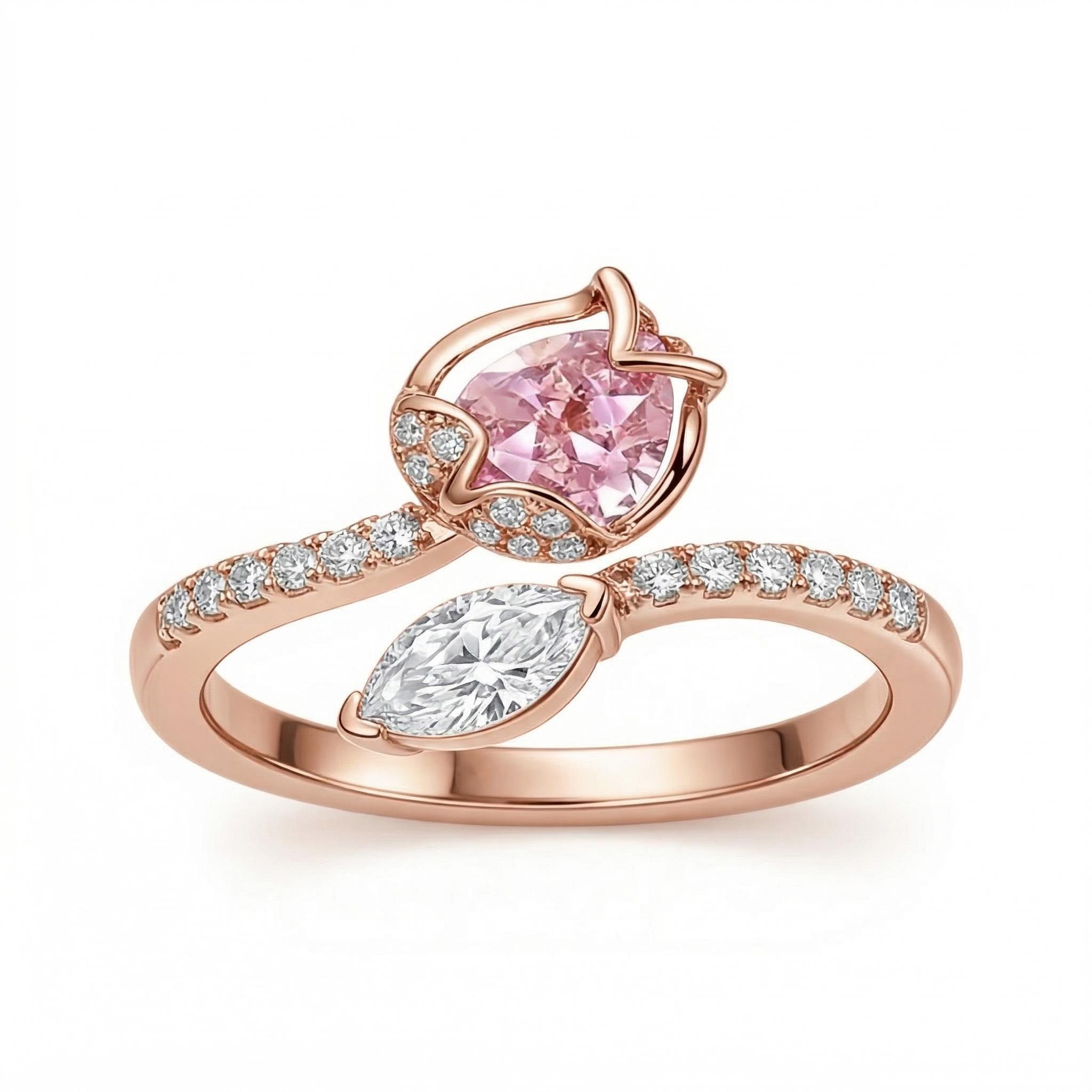 1.9 ct.tw Flower Shape Pink Pear Cut + White Marquise Cut S925 Silver Fashion Ring