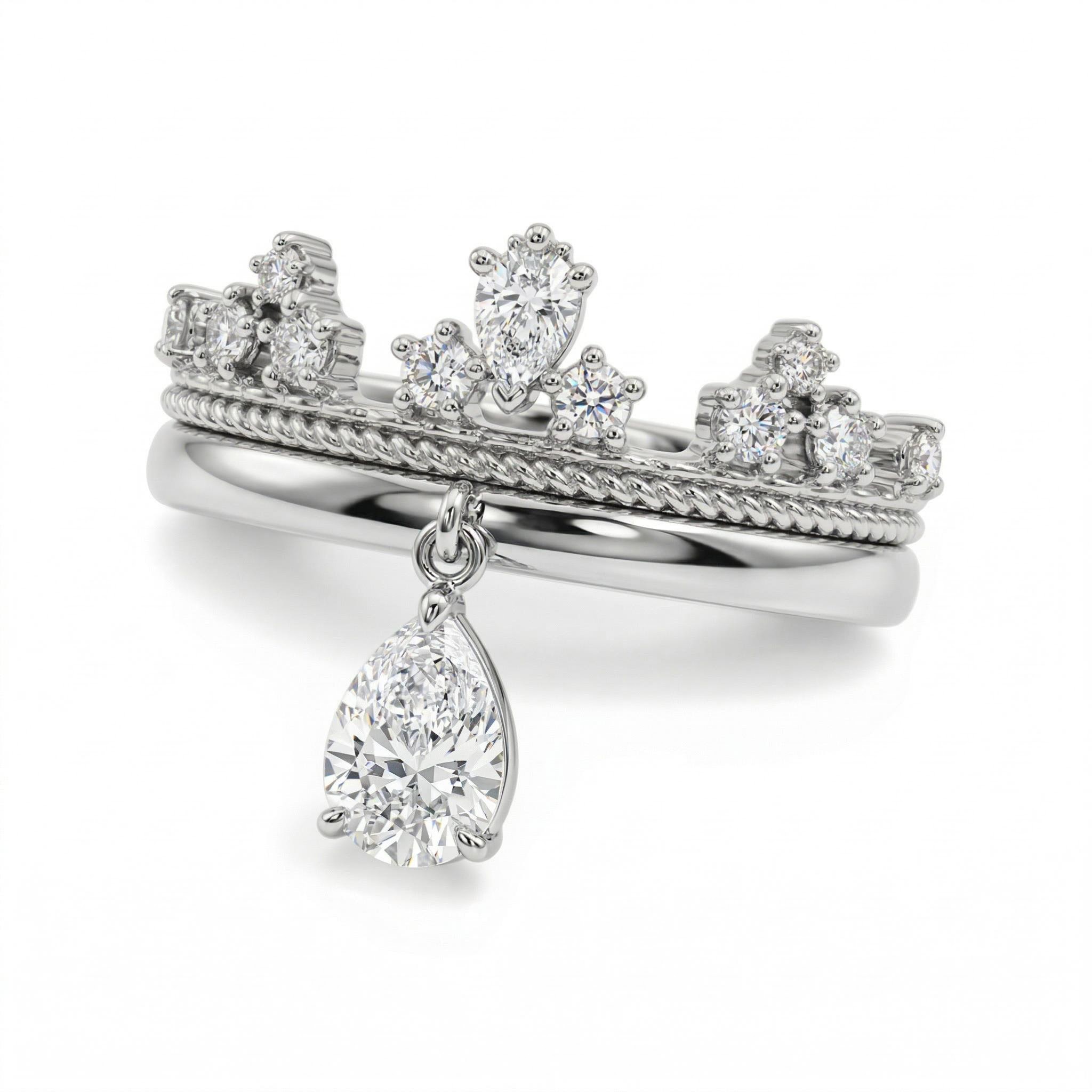 1.8 ct.tw Crown Design with Pear Cut Charm S925 Silver Wedding Band