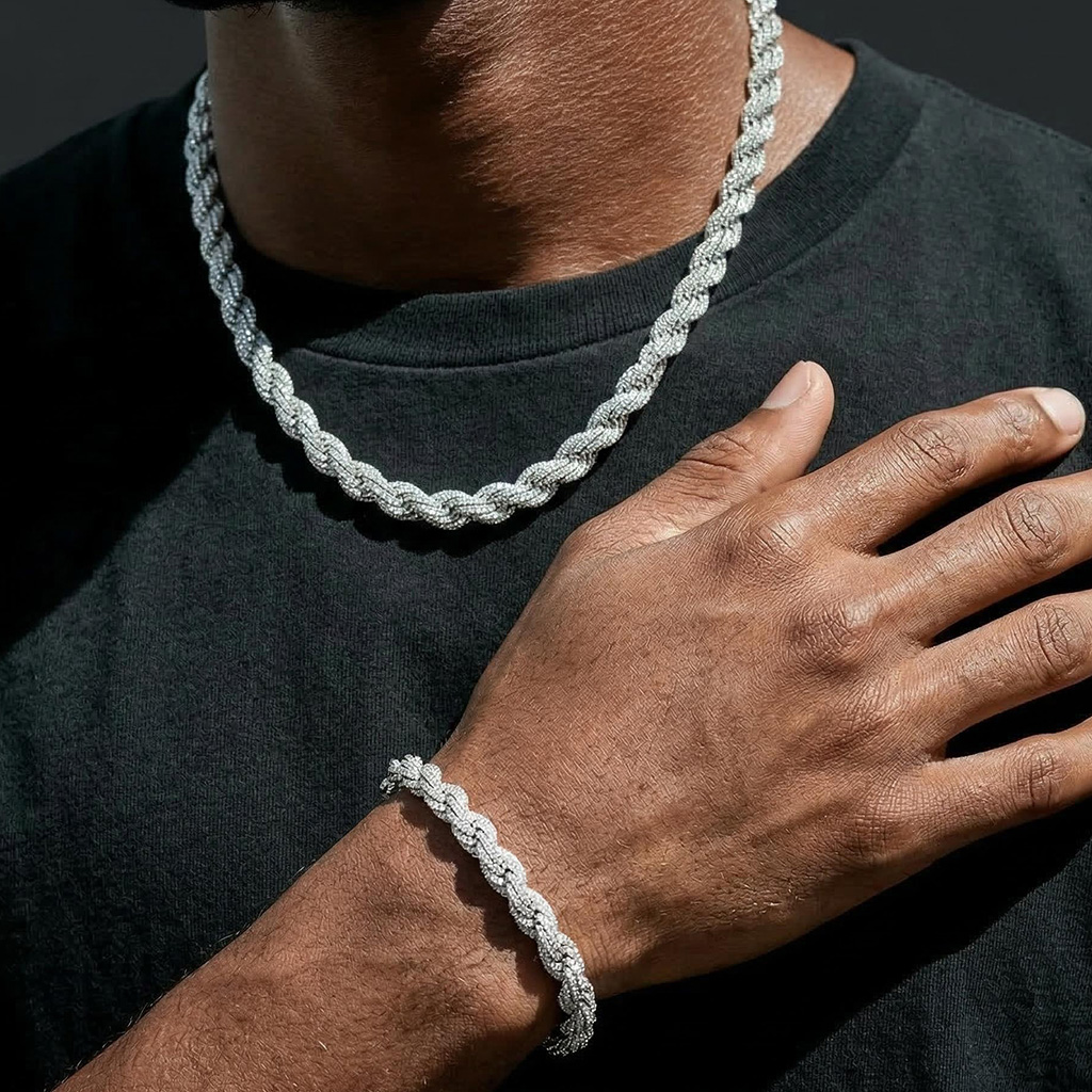 9mm Iced Out Rope Chain and Bracelet Set